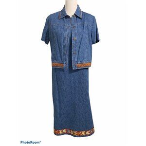 Prairie Womens Denim 2 Pc Embroidered Sleeveless Dress& Jacket SZ 8 Cottagecore